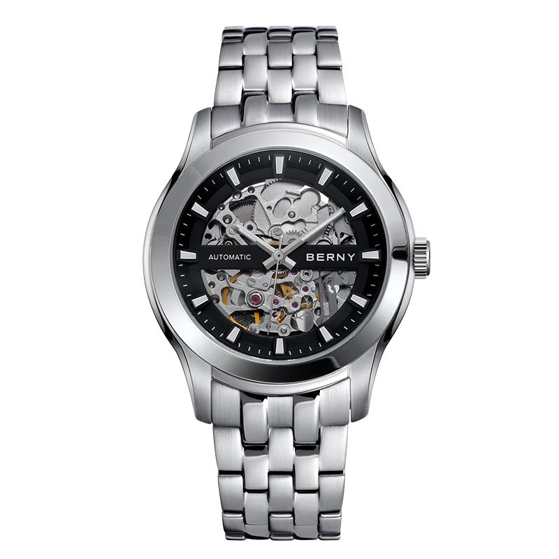 Reloj mecánico BERNY Skeleton para hombre, reloj de pulsera de lujo Miyota 8N24 con exposición de zafiro, reloj de pulsera automático con cuerda automática, resistente al agua 5ATM