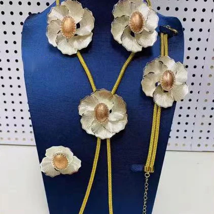 Gold Plated 4PCS Flower Statement Jewelry Set Lariat Necklace Drop Earrings & Bracelet for Women African Bridal Party Occasions