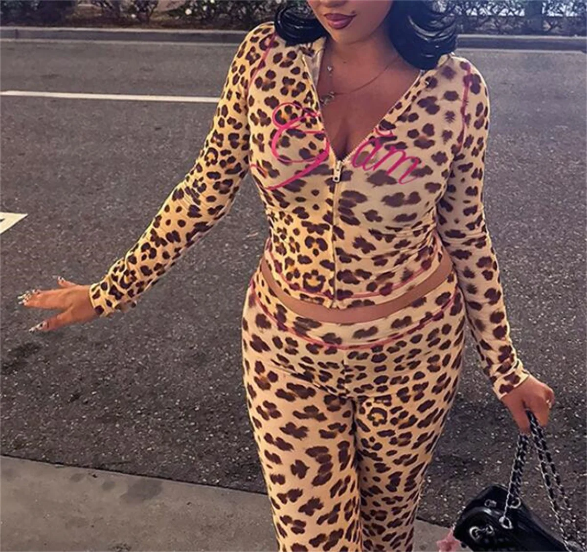 Leopard Print Two Piece Set For Women Hooded Cardigan Top High Waisted Pants Sets Women Slim Sexy Outfit Suit Casual High Street