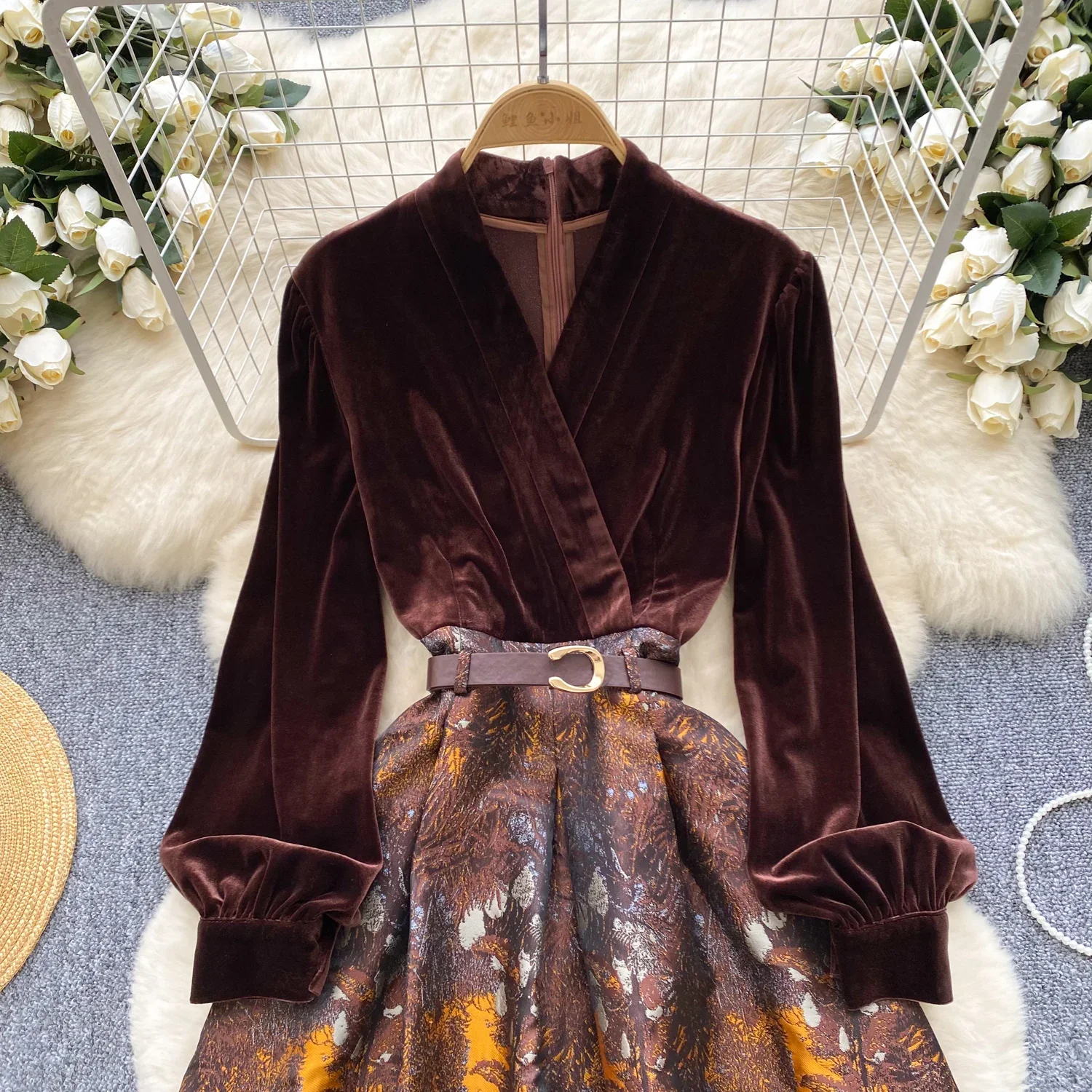 French Retro Long Sleeve Patchwork Jacquard V Neck Velvet Dress A-line Casual Dress Women Fashion Evening Party Autumn Vestidos