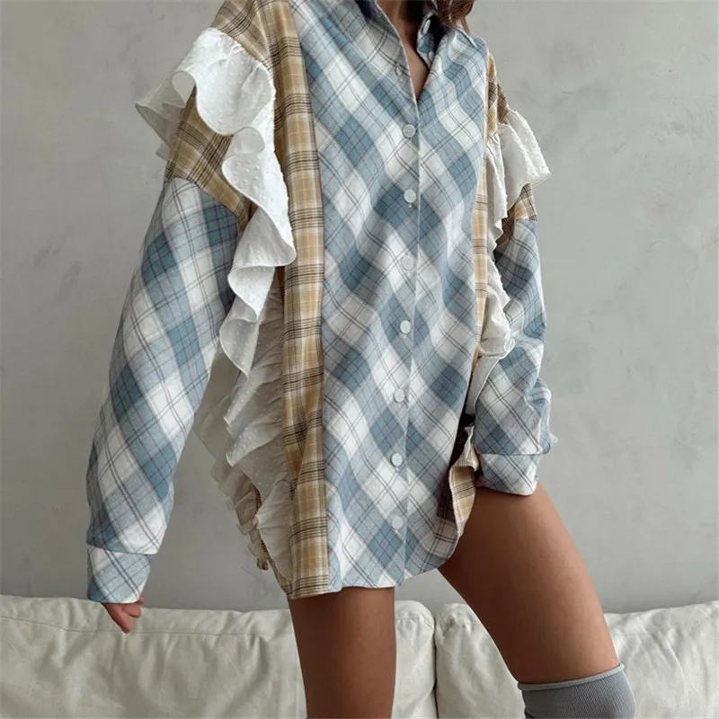 Gaono Vintage Ruffles Plaid Shirt Women Autumn Winter Oversized Lapel Long Sleeve Loose Fit Blouse Lady Patchwork Ruffle Top