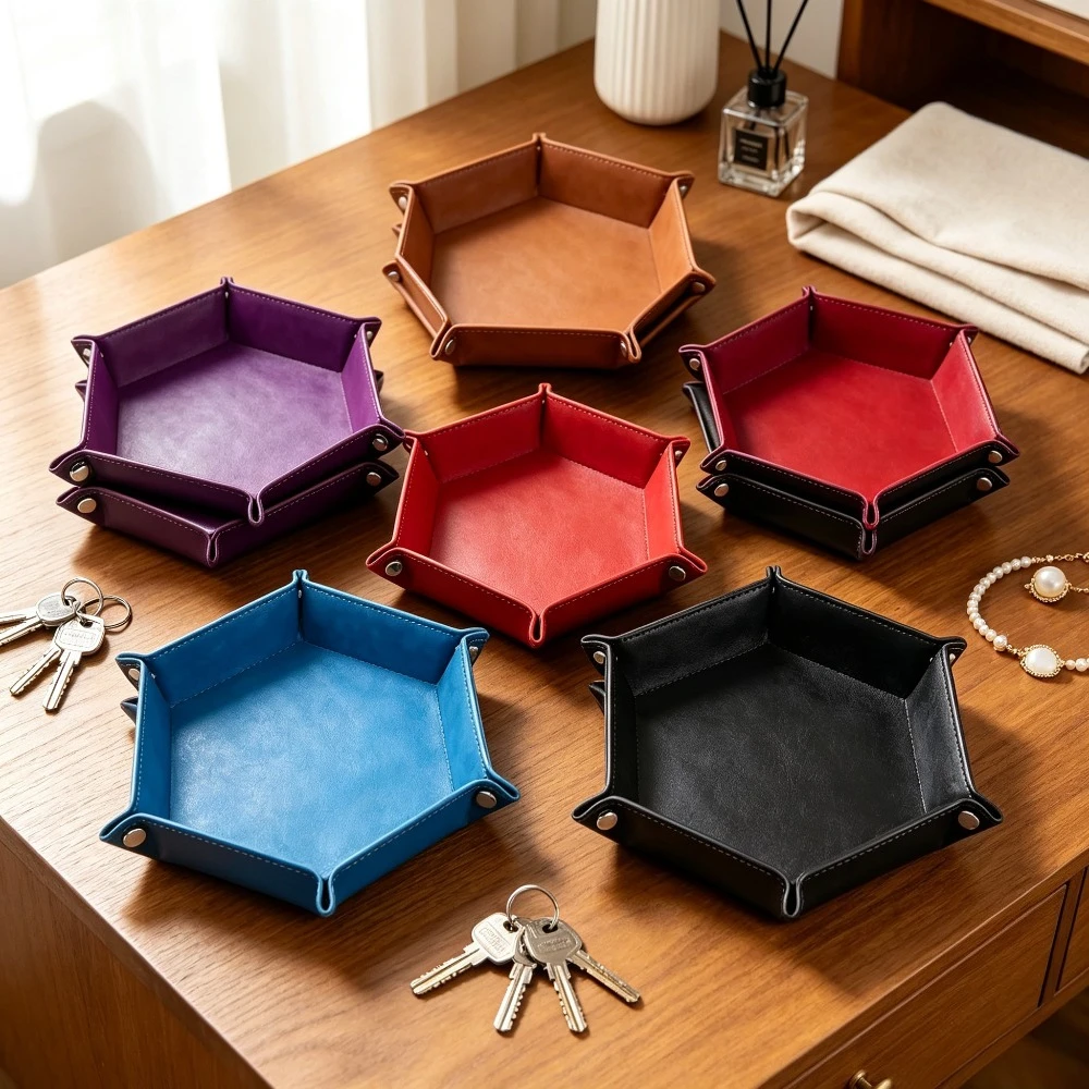 1PC Hexagonal Leather Dice Tray Storage Box Board Game Dice Holder Folding Dice Tower Organizer for RPG Tabletop Game
