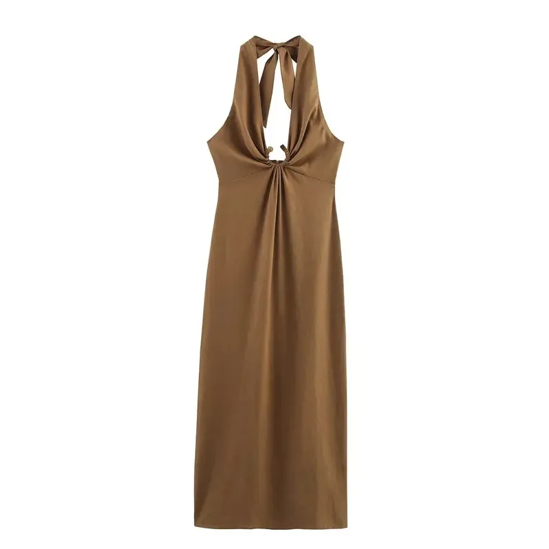 

Summer Sexy Women's Sleeveless Linen Midi Dress Halter Neck Button Detail Lace-Up Backless Slim Fit Fashionable Clothing