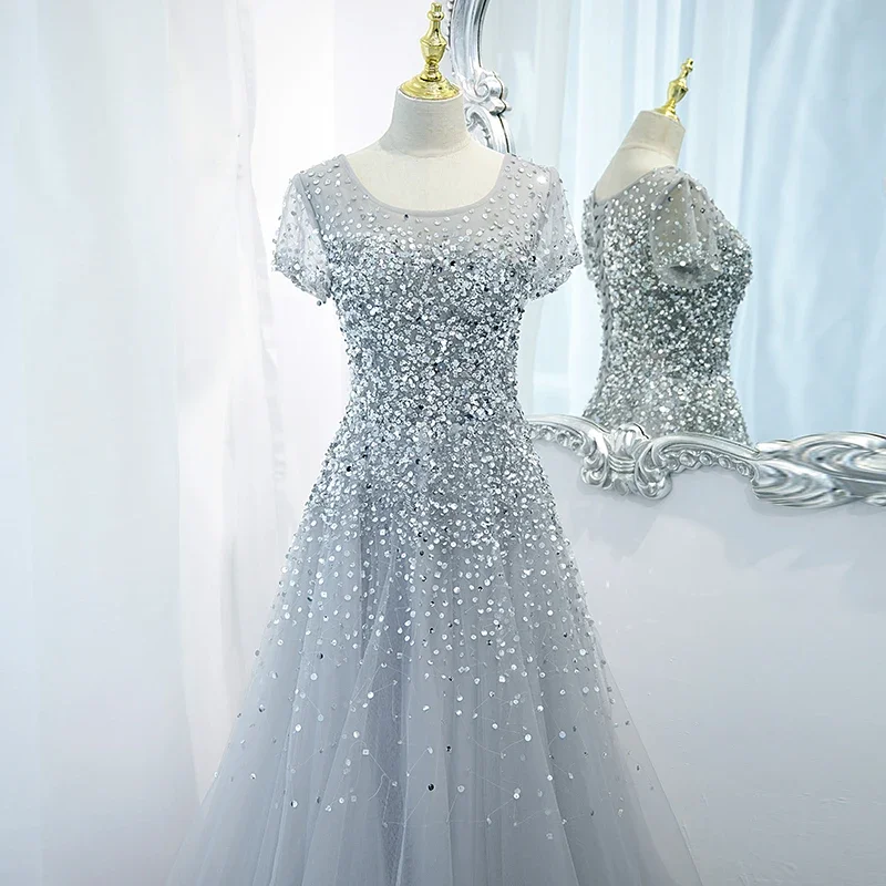 Customized  Luxury Grey Evening Dress Elegant Short Sleeve Glittering Sequins Beading A-line Party Formal Gowns Vestidos