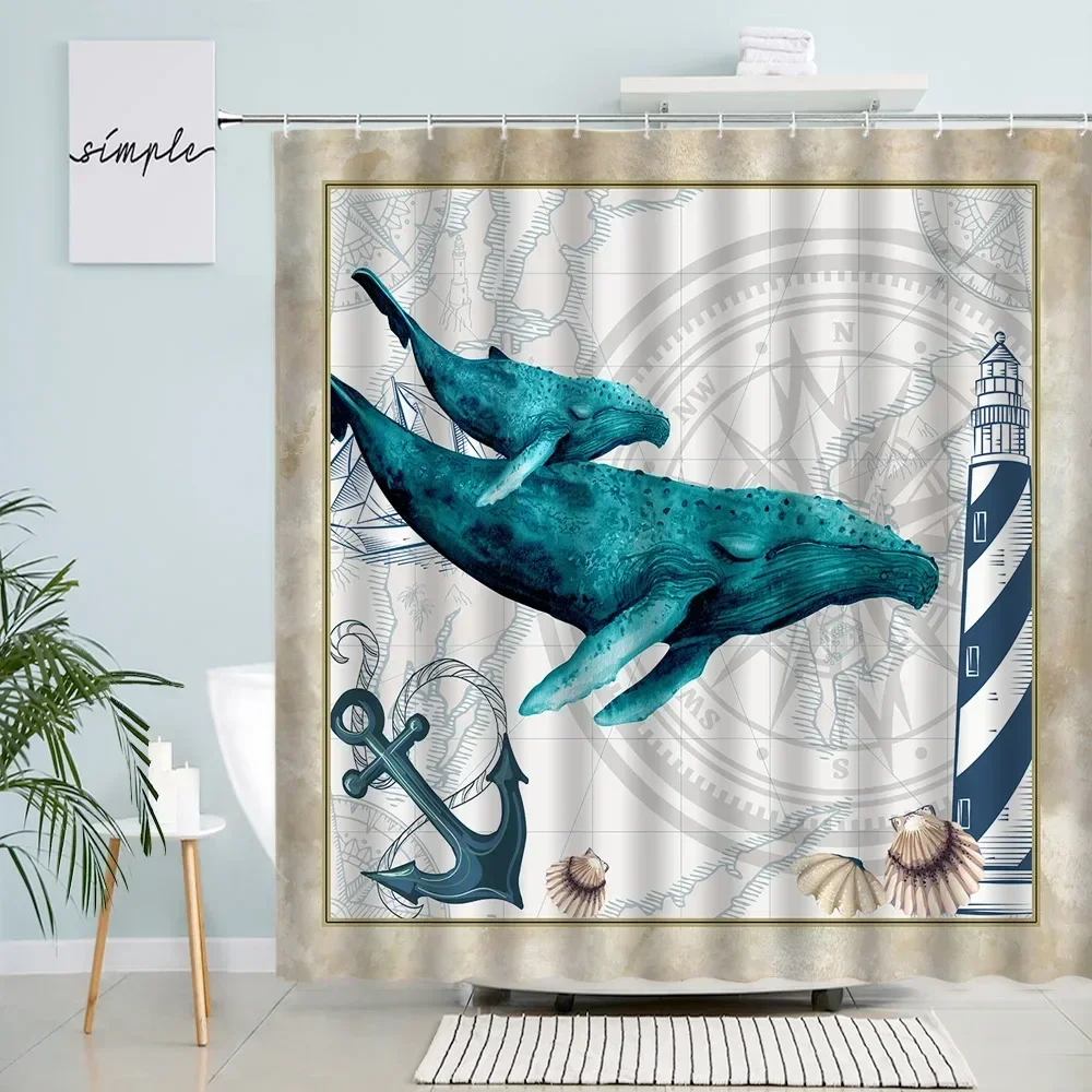 Animals Sea Turtle Shower Curtains Creative Anchor Lighthouse Shell Nautical Map Printed Fabric Home Decor Bathroom Curtain Sets