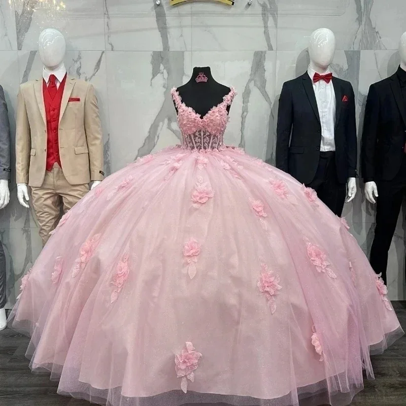 Pink Ball Gown Quinceanera Dresses 3D Flowers Illusion Bodice Birthday Party Dress Vestidos De 15 Anos Corset Back