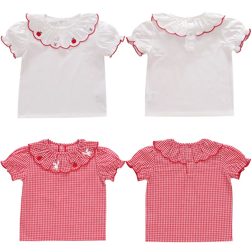 

Girls Blouse Summer 2024 New Children's Apple Bunny Embroidered Short Sleeve T-Shirt Underneath Shirt