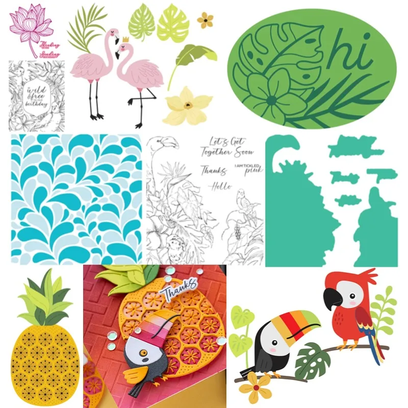 Parrot Blooms Leaves Grass Pineapple Swan Lotus Bird Metal Cutting Dies Stamp Stencil Hot Foil Embossing Greeting Card 2024 New