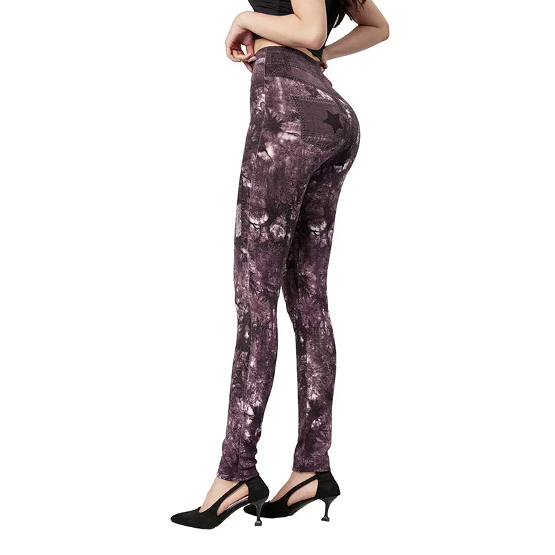 CUHAKCI Breathable Purple Leaves Printed Jeggings Faux Denim Pants Workout Yoga Leggings Women Stretch Workout Slim Fit Tights