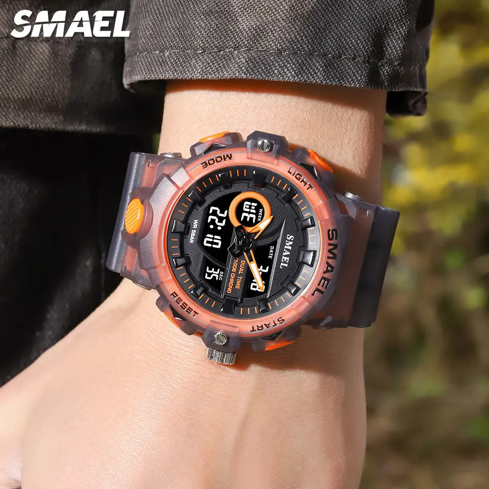 SMAEL Digital Watch Men Fashion Military Sport Orange Gray Quartz Wristwatch with Auto Date Chronograph Dual Time Display 8081