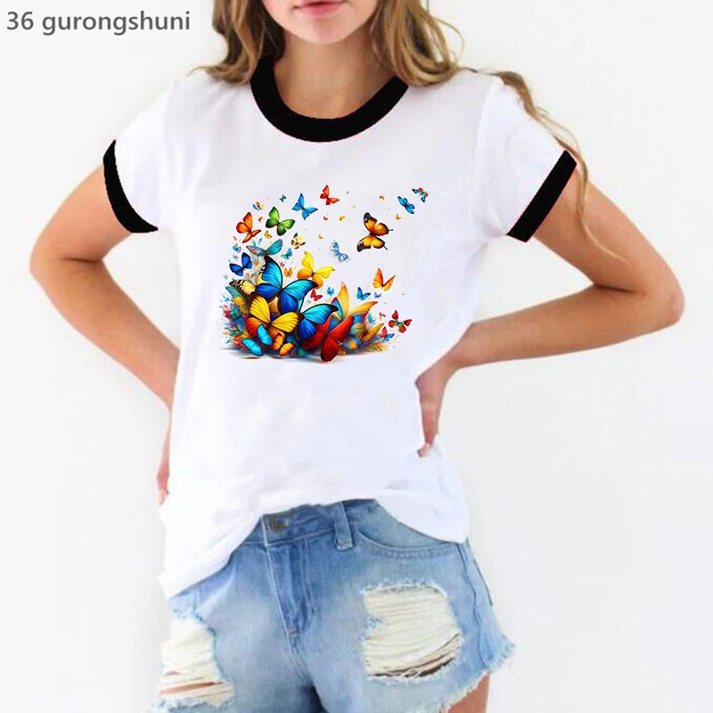 Women Tshirt Watercolor Butterfly Floral Flower Fashion Graphic Femme Top Short Sleeve Summer Shirt Print T-Shirt Female Tshirt