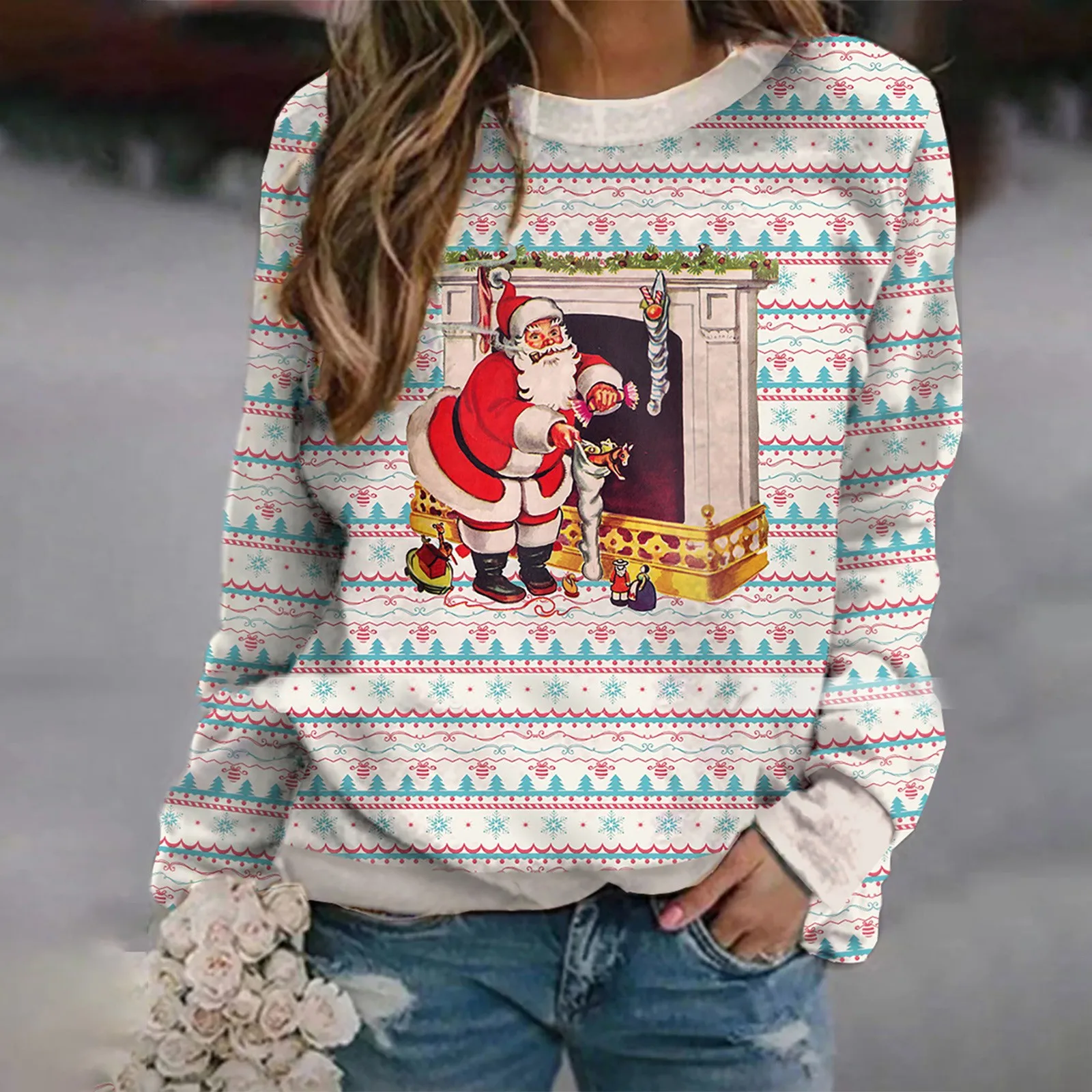 Fall Winter Women\'s Christmas Pullover Fashion Casual Christmas Print Ladies Round Neck Sweater Pullover Top