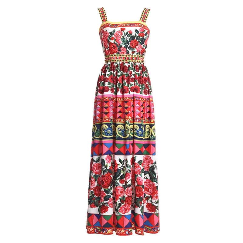 

Designer Runway Summer Women Rose Print Beaded Spaghetti Strap Backless Ruched Holiday Elegant Vintage Dress