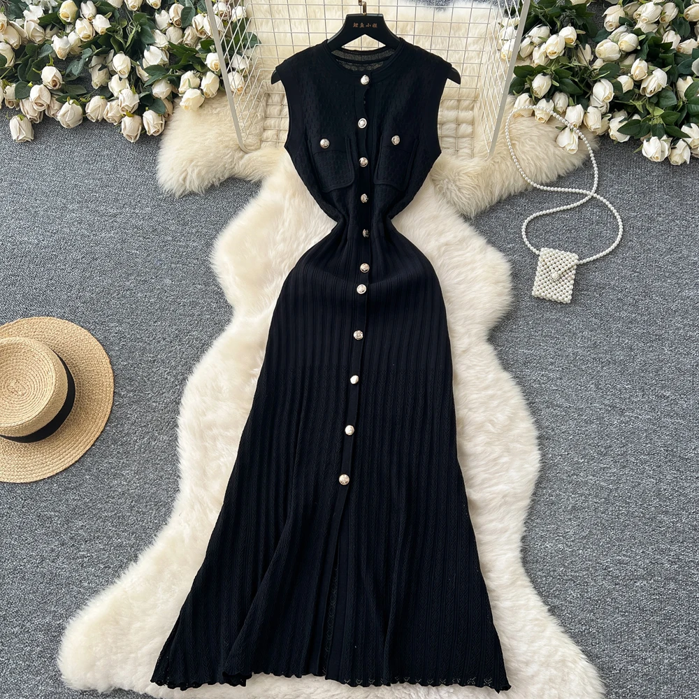 YuooMuoo ブランドファッション女性ニットサマードレス 2025 エレガントなシングルブレストスリムウエストロングシャツドレスオフィスレディ Vestidos