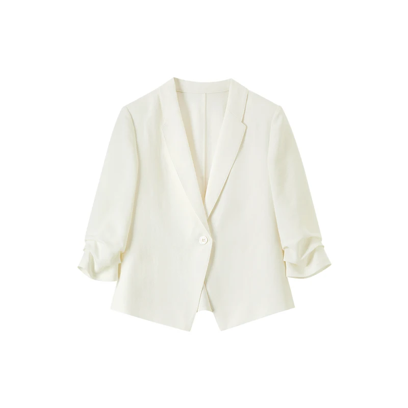 SENTUBILA Women Office Lady Blazer Suit Outwear Summer Button-Down Shoulder Pads Three Quarter Sleeves Short Jackets 152XC1936