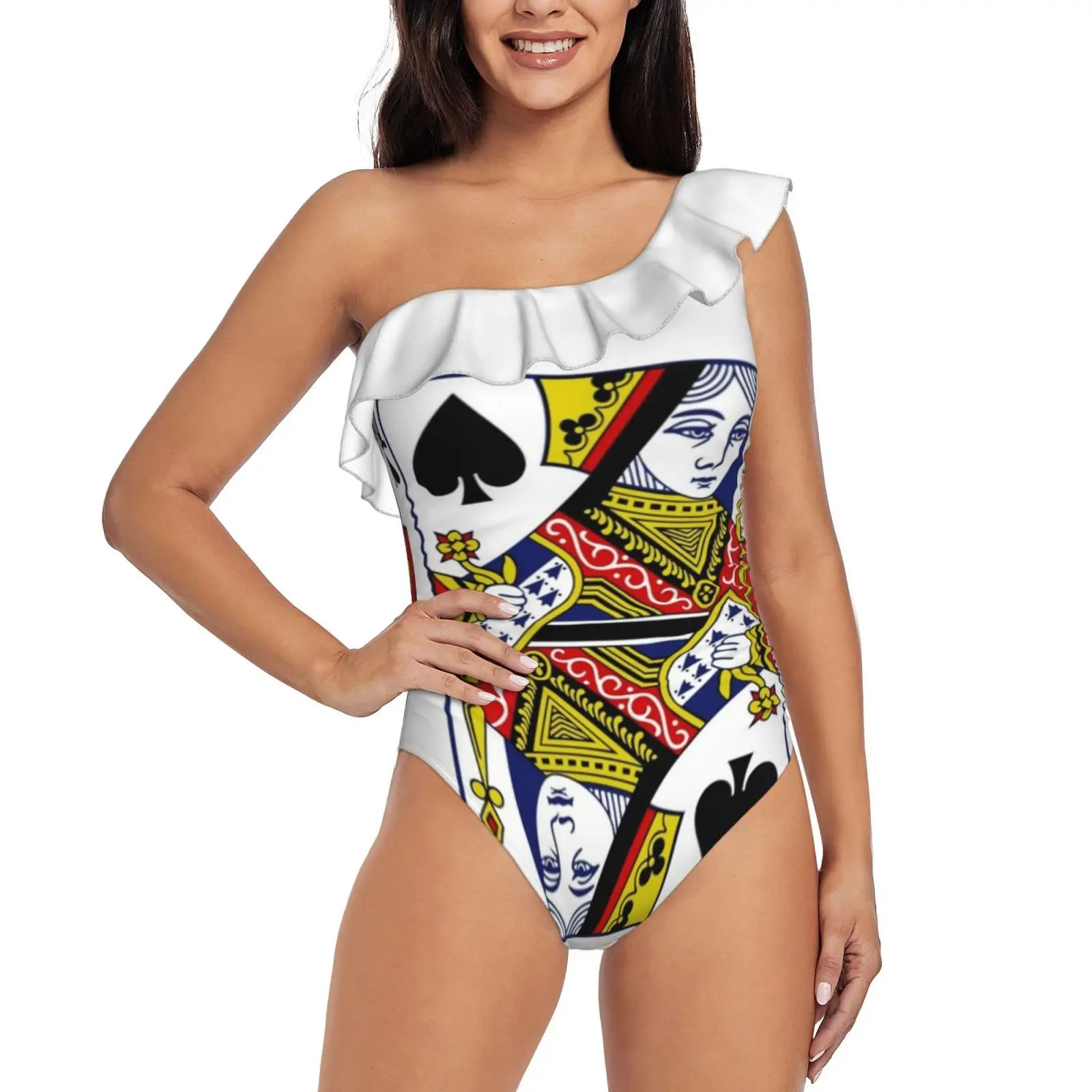 

Queen Of Spades Playing Card One Shoulder Ruffle Swimsuits One Piece Swimsuit Women Swimwear Beach Bathing Wear Queen Of Spades