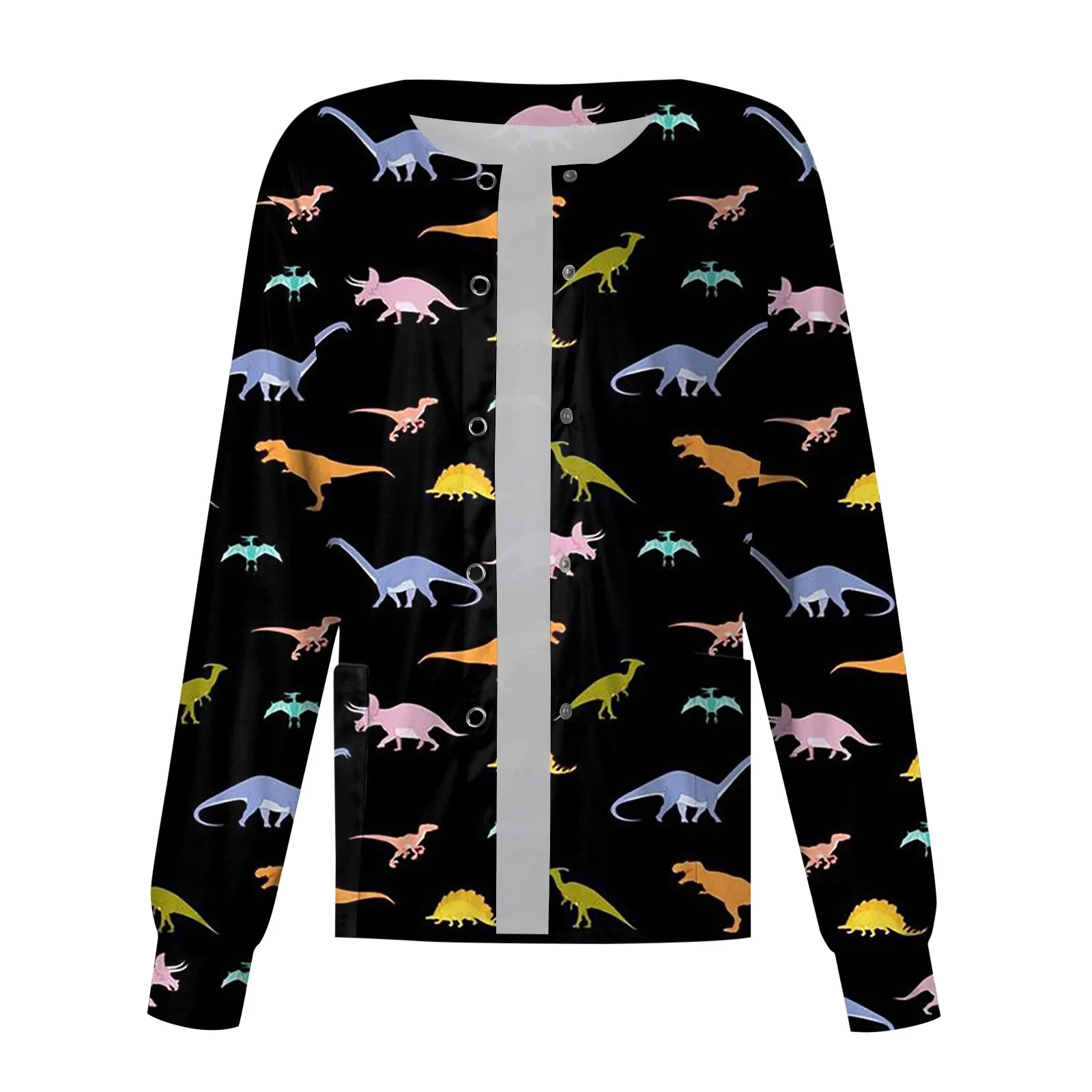 Uniforme de trabajo de enfermera con estampado de dinosaurio de dibujos animados, ropa de trabajo con bolsillo, mono protector de un solo pecho, chaqueta