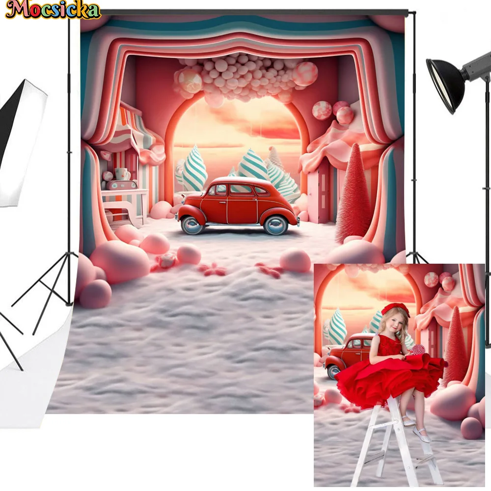 

Mocsicka Christmas Studio Photography Backdrop Candy House Red Car Balloon Decor Winter Snow Background Girl Birthday Photocall