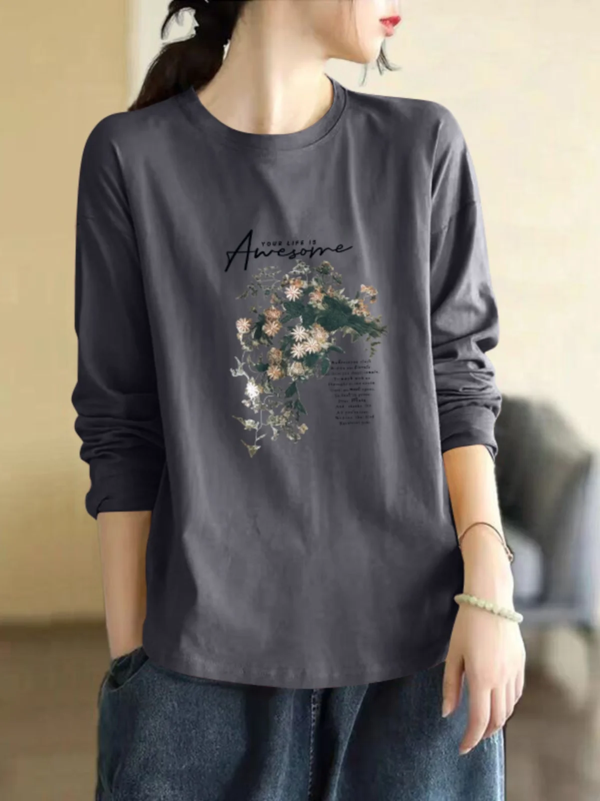 

Футболка из 100% чистого хлопка, женская, повседневная, с принтом, облегающая, базовая, для весны и осени, свободного кроя, с круглым вырезом