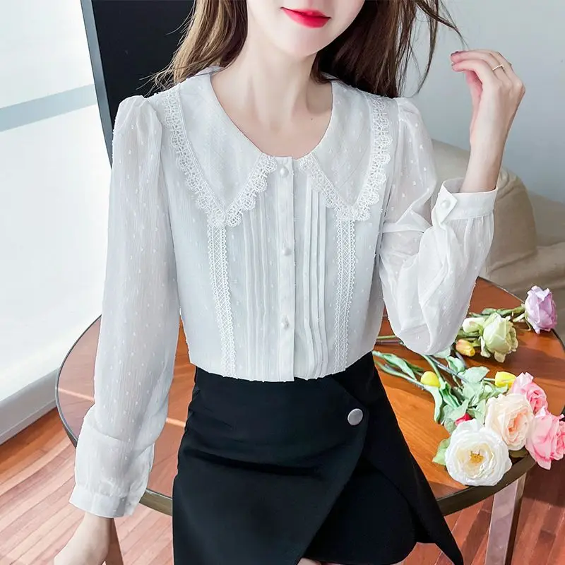 Spring and Summer New Elegant Temperament Women\'s Clothing Spliced Button Ruffle Edge Doll Neck Long Sleeve Solid Color Shirt