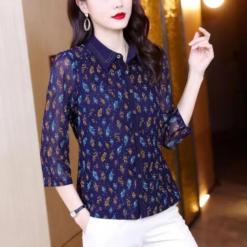 

Новинка 2023 года, офисные женские шифоновые рубашки с отложным воротником и пуговицами, весенне-осенняя тонкая блузка с винтажным принтом, женская одежда, футболка