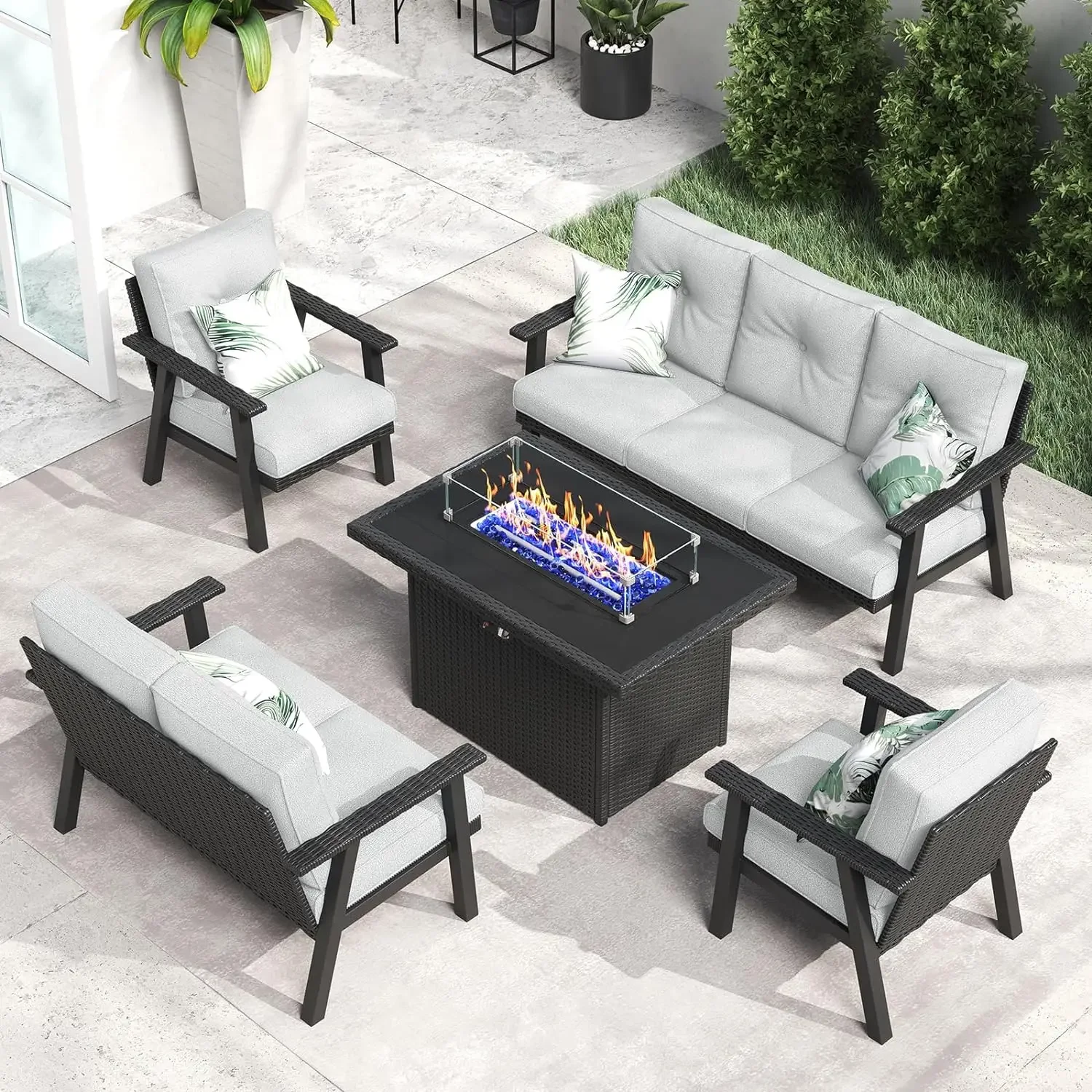 Modern Aluminum Patio Furniture Set with Fire Pit Table, Outdoor Wicker Rattan Conversation Set Sofa Seating Set