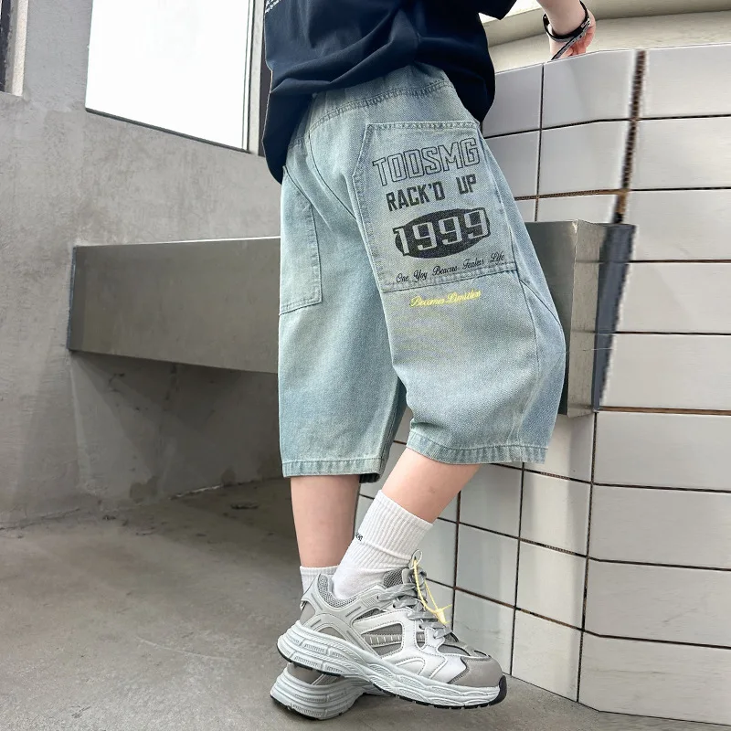 Teenager Boys Casual Jeans Shorts for Tweens Children Letter Denim Shorts with Back Pocket Kids Knee-Length Pants Age 5-14T