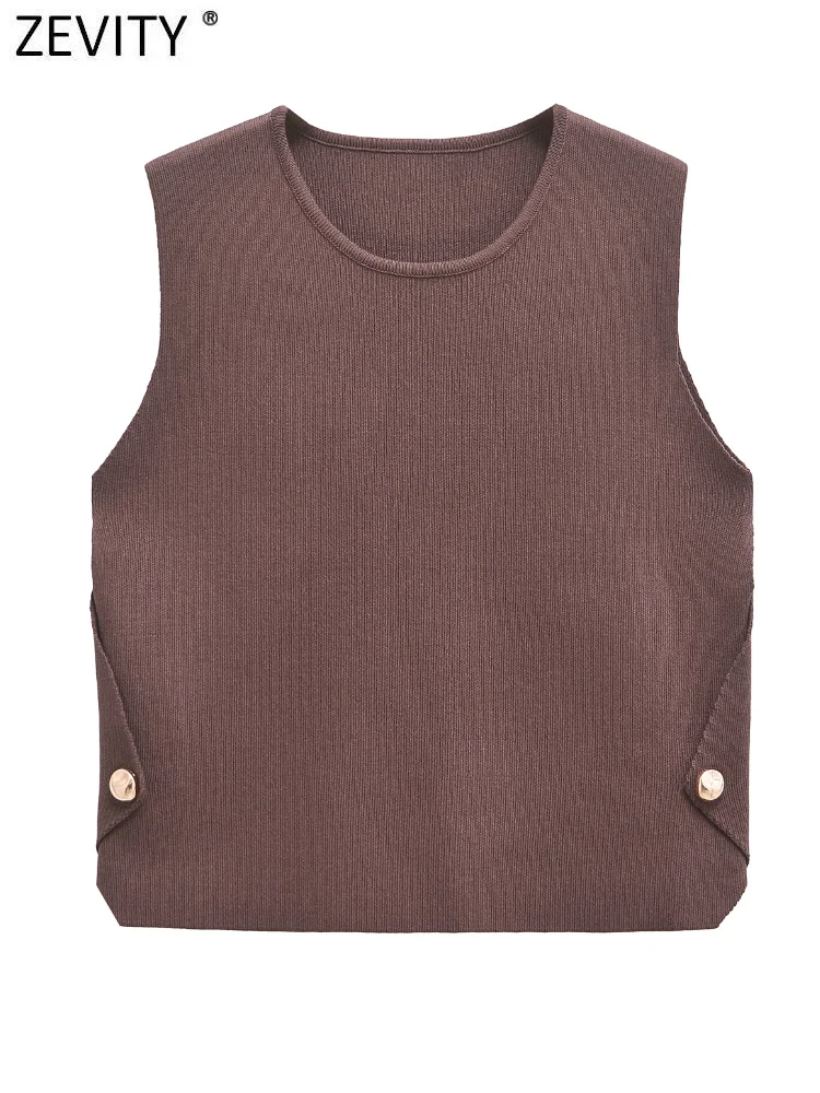 Zevity New Women Fashion O Neck Sleeveless Side Buttons Roll Up Knitting Vest Sweater Female Chic Waistcoat Pullover Tops SW7247