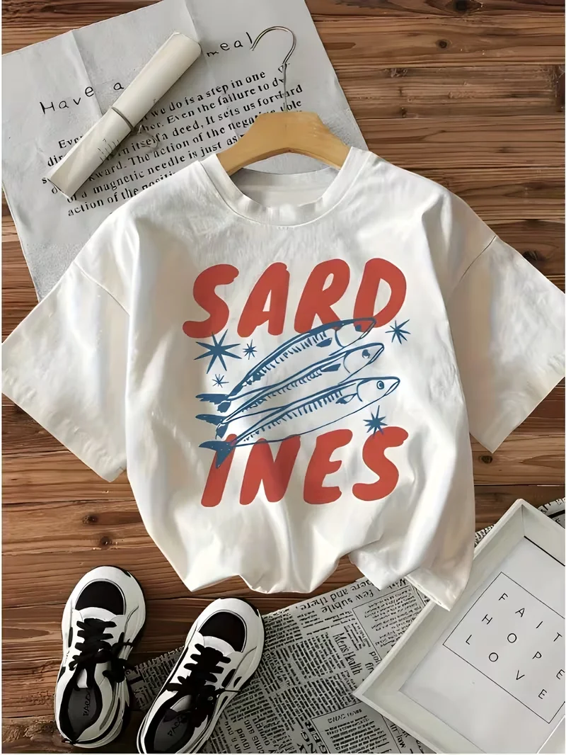 Cagliari Sardine Retro Graphic T-Shirt Italian Coastal Seafood Aesthetic Top,Crew Neck Short Sleeve for Casual Daily Travel Wear