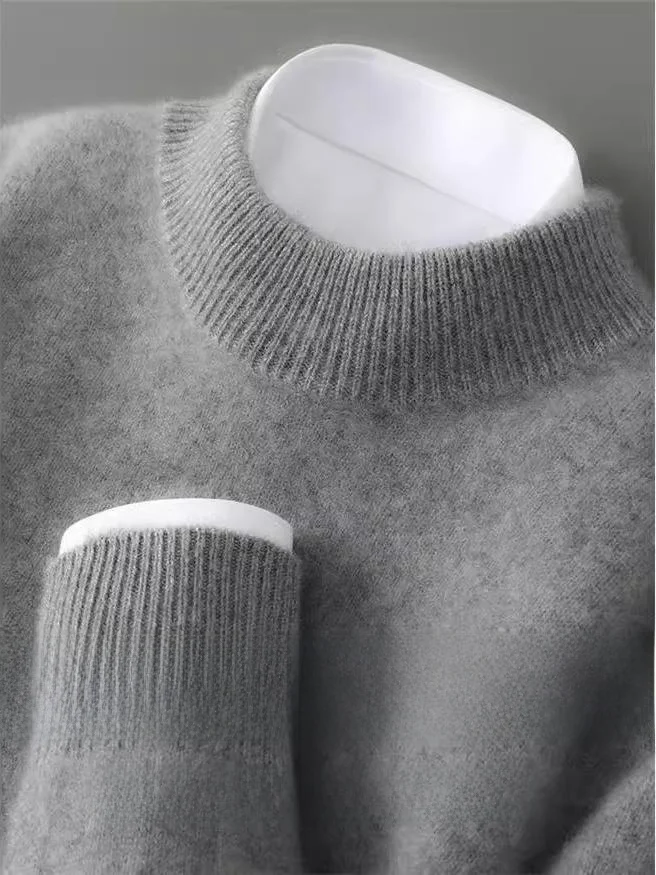 

Thickened Seven-Needle Double-Sided 100% Pure Wool Knitted Sweater Men's Semi-High Collar Spring New Loose Knitted Base Shirt