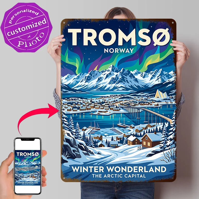 Troms?? Norway Winter Wonderland Poster Retro 3D Printed Metal Signs Customized Wall Hanging Gift for Room Decoration Wand Deko