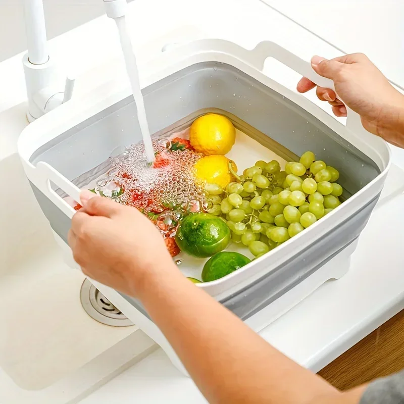 

Folding Fruit Basin Kitchen Drain Basket Household Vegetable Washing Fruit Washing Folding Basin Rectangular Hot Pot for Use