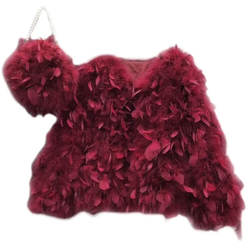 Cappotto di piume da donna girocollo dolce tinta unita invernale corto piuma di struzzo vera pelliccia cappotti di cotone caldo abbigliamento da