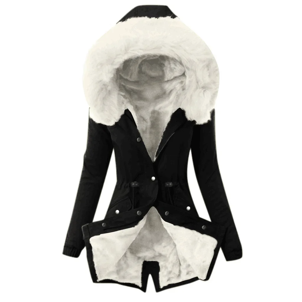 Button Solid Zipper Splice Parka Tight Wait Outerwear Thick Warm Fur Collar Women Parkas Hooded Long Sleeve Slim Fit Coats