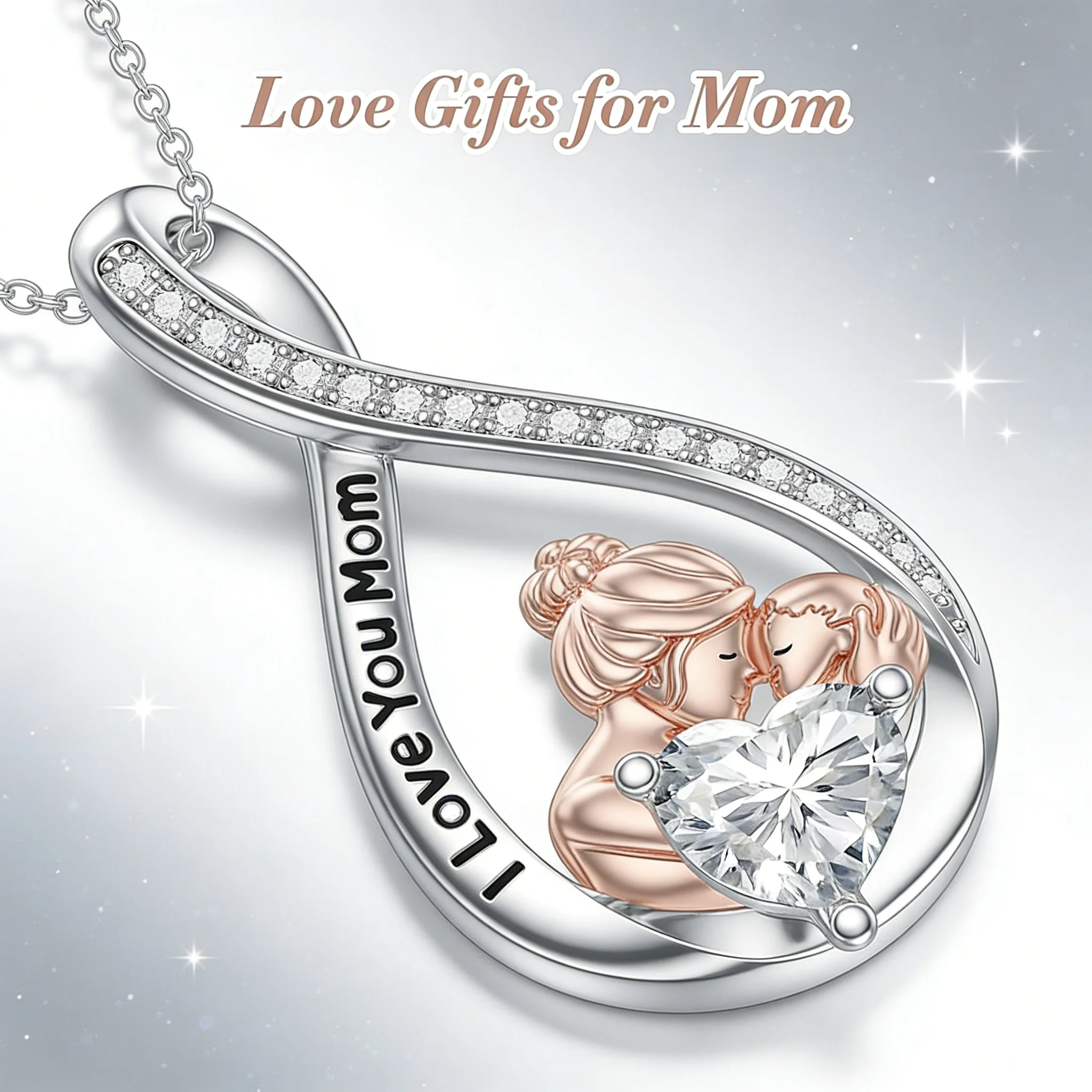 Zinc Alloy Dual Tone Infinity Mom And Child Pendant Necklace Sparkling Side Rim Heart Front Accent Comfort Light Motherly Bond Ornament Heartfelt Present For Mother’s Day Daily Vacation Graceful Tender Outfits For Female