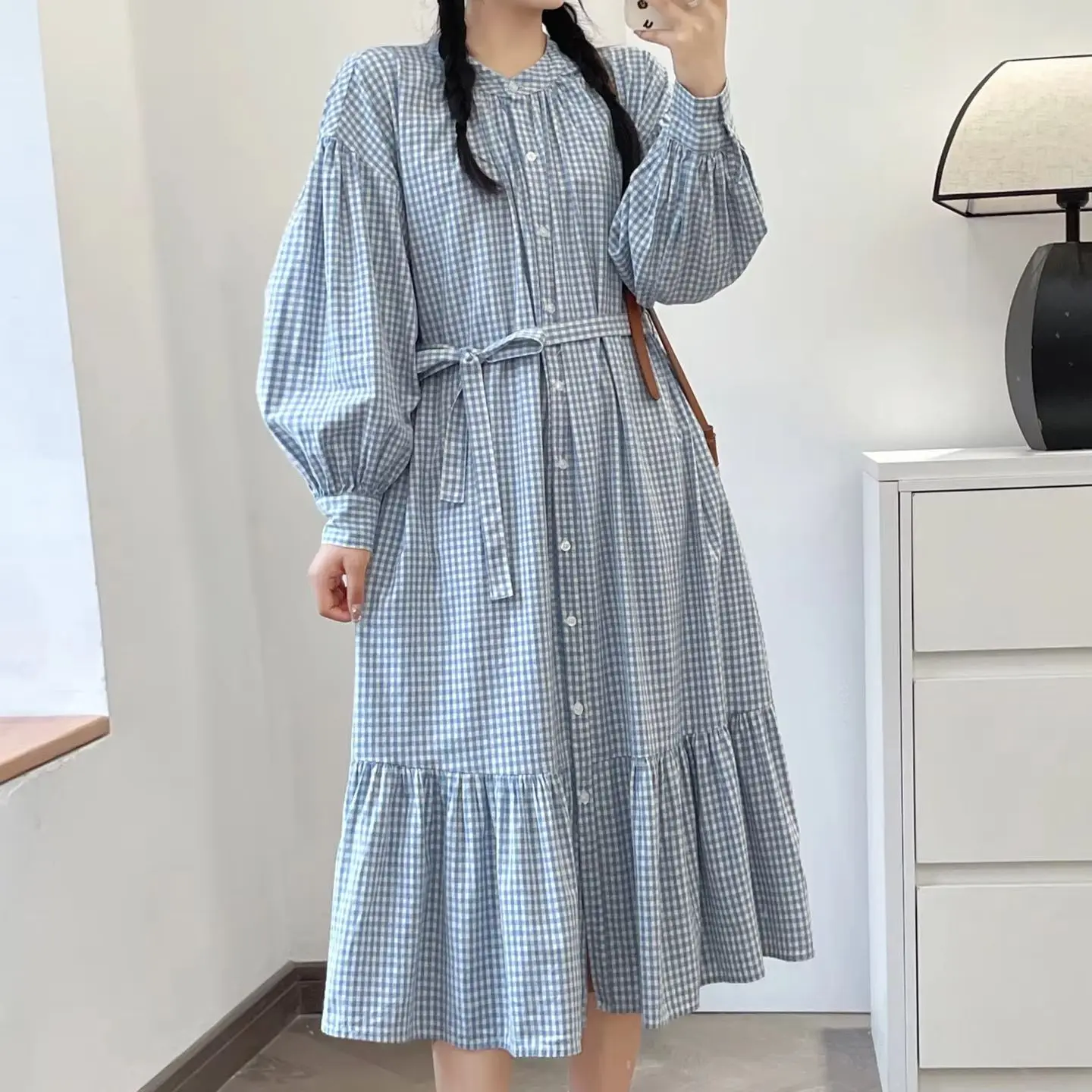 Fall clothes 2024 women Japan style long sleeve blue black plaid dress single-breasted checkered dress plus size women clothing