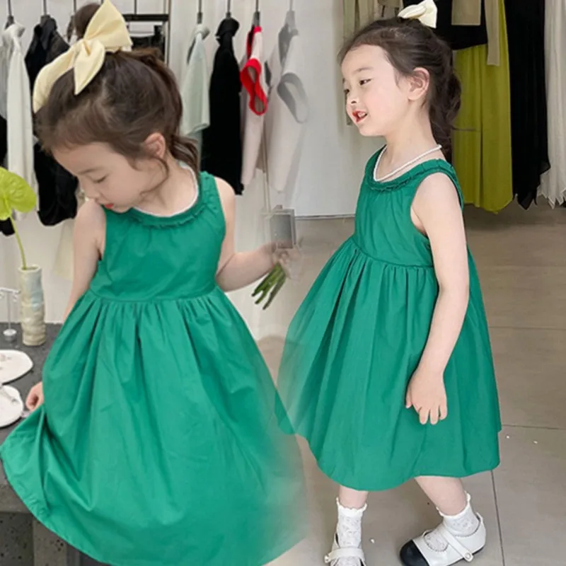 Kids Clothes Green Dress Girls Sweet Princess Green Sleeveless Beautiful Dress Children\'s Dress