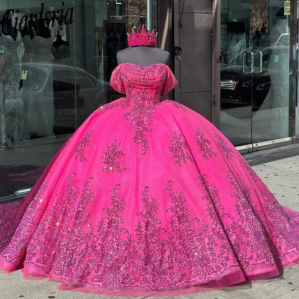 Vestidos De quinceañera fucsia con hombros descubiertos, vestido De baile con lentejuelas, apliques De encaje, corsé personalizado, Vestidos De XV Anos