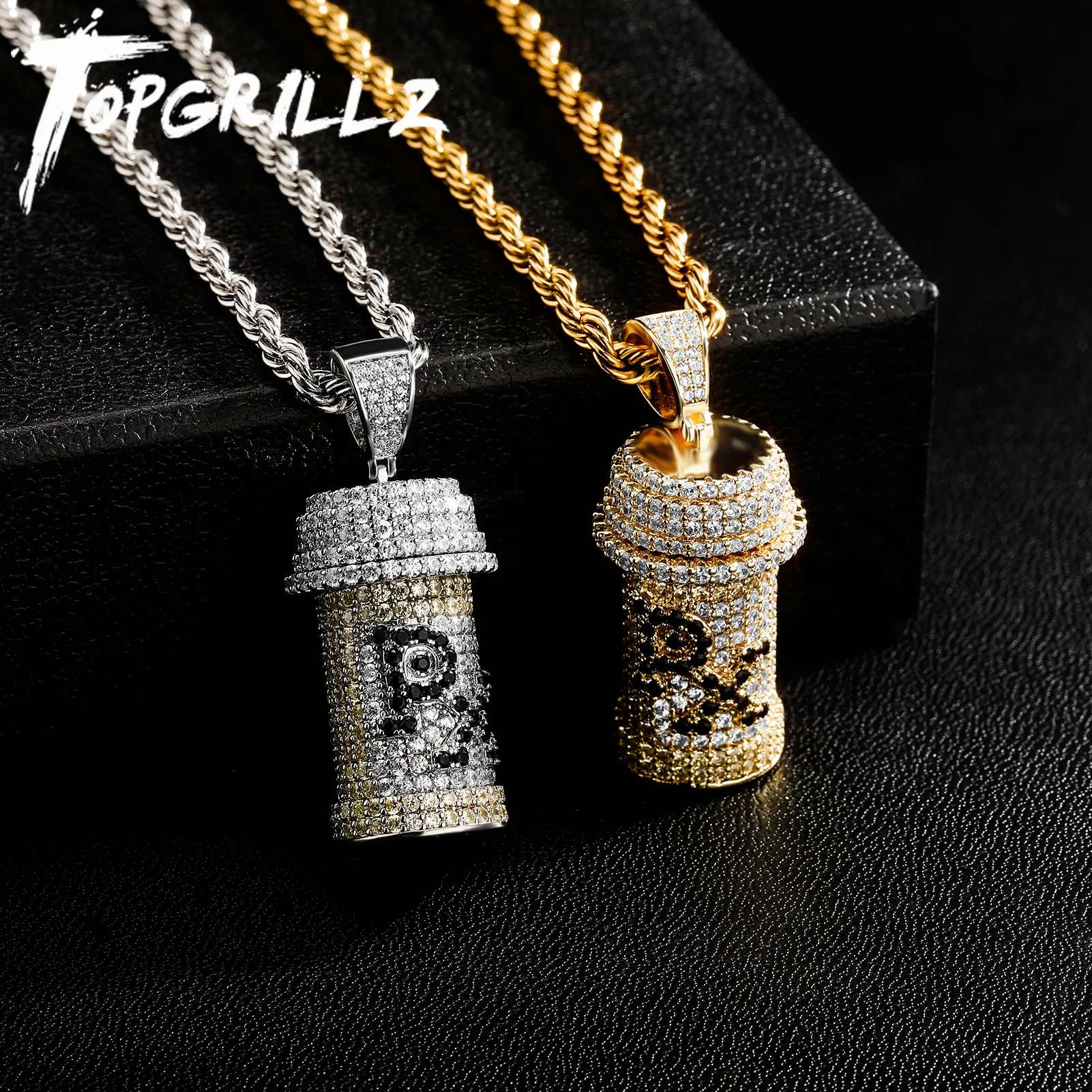 TOPGRILLZ Hip Hop Detachable Medicine Bottle Pendant Necklace Men\'s Jewelry Gold Silver Color Cubic Zircon Necklaces Gifts