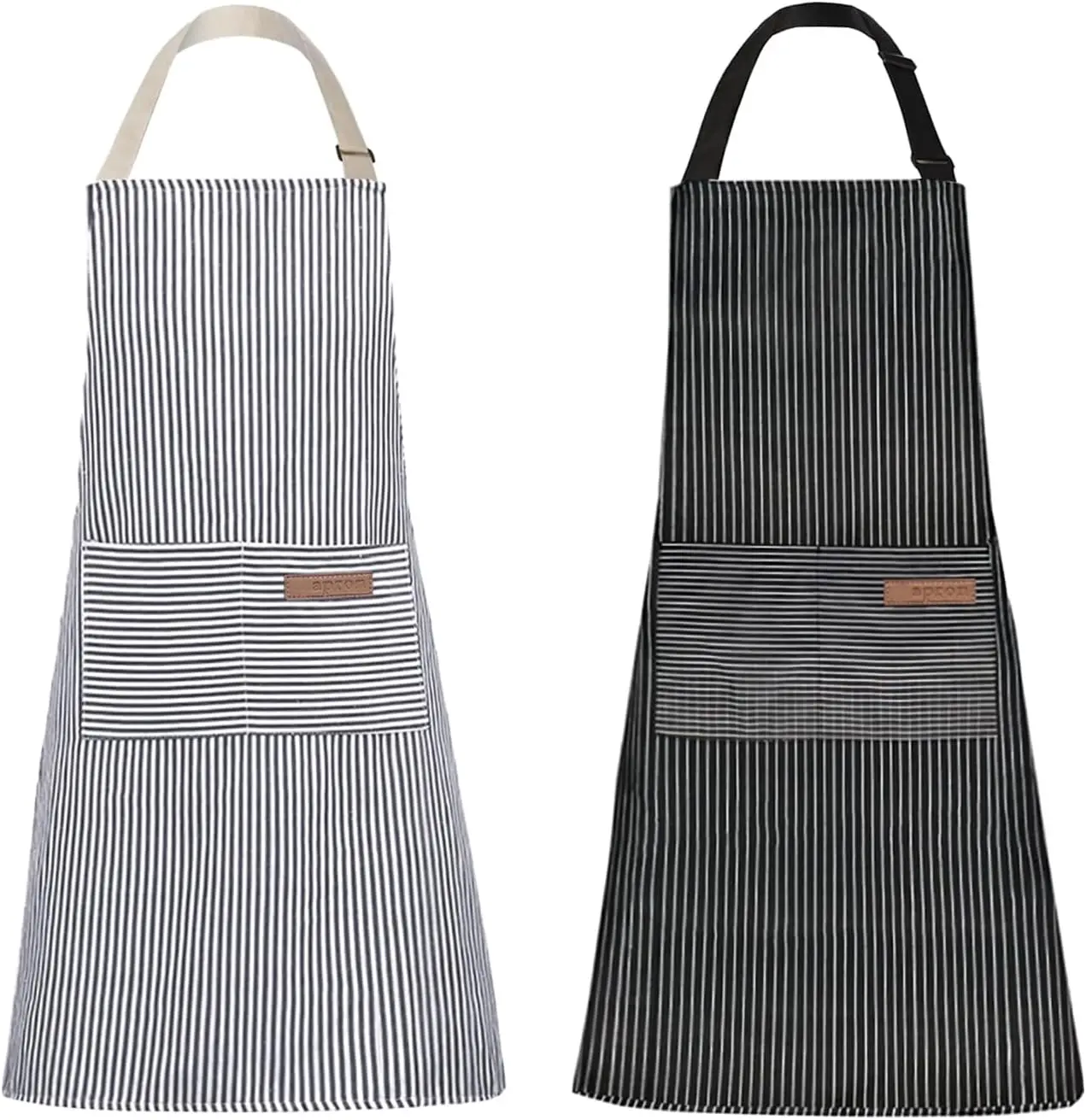 

2 Pack Kitchen Aprons, Cotton Polyester Blend Adjustable Bib Aprons with 2 Pockets for Women Men Chef, Navy/Black Stripes