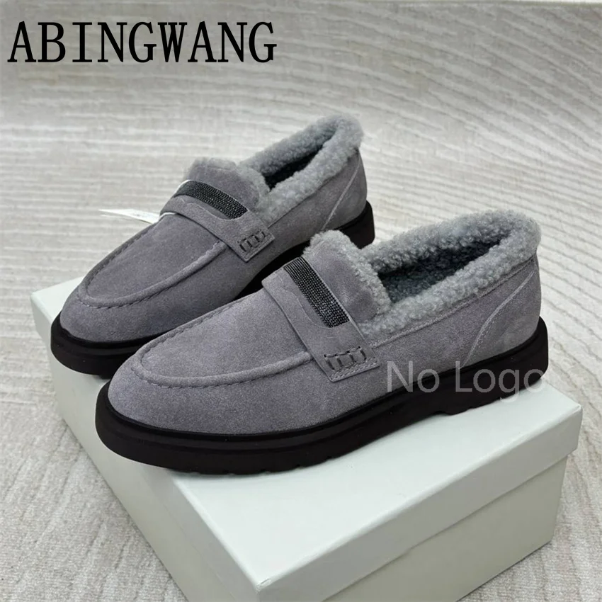 الجلد المدبوغ داخل الفراء الشقق المتسكعون للنساء الانزلاق على المدرج السيدات مكتب الأحذية 2025 الخريف الشتاء كسول أحذية النساء أحذية دافئة #4