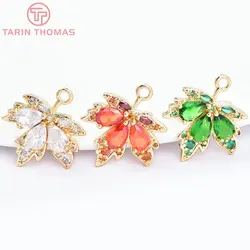 (7074) 4PCS 17x20MM 24K Gold Color Brass with Glass Maple Leaves Charms Pendants Jewelry Making Findings Accessories Wholesale