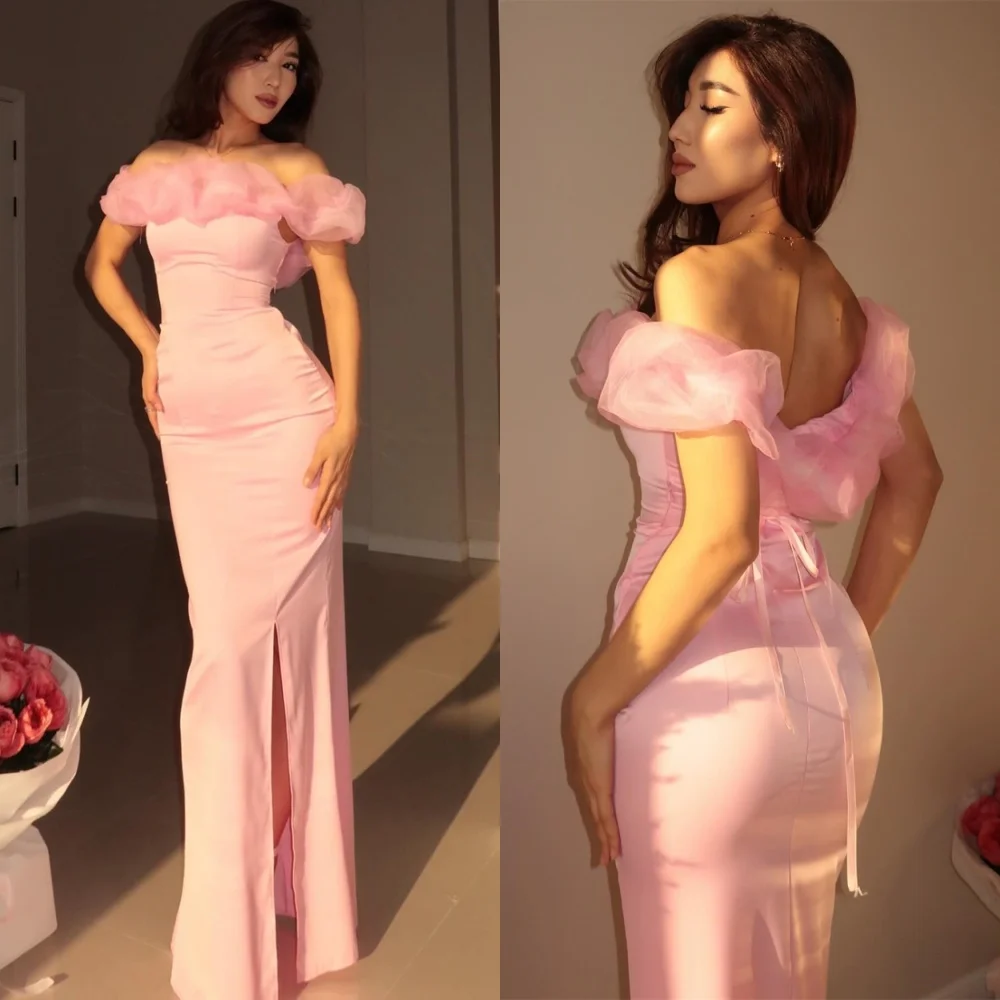 

Customized Mermaid Sparkly Pink Satin Evening Dress Fashion Off the Shoulder Vestido De Festa Sweep Train Celebrity Gowns
