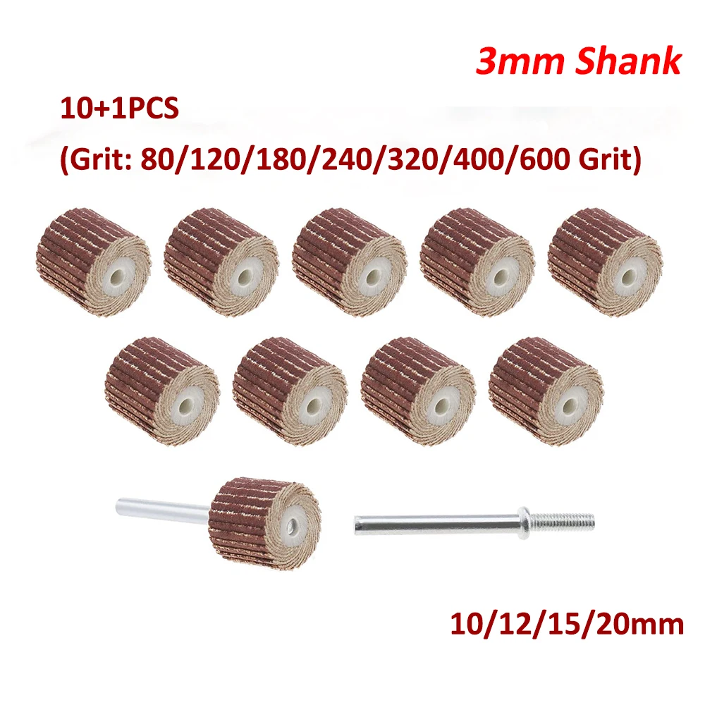 

11Pcs 3mm Shank Sanding Flap Grinding Wheels 10-20mm Sander Abrasive 80-600 Grit Sandpaper Rust Removal for Dremel Rotary Tools