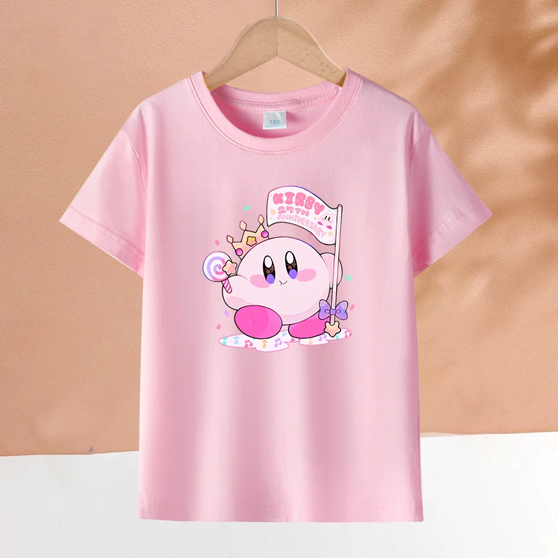 

Kirbys Children Pink Short Sleeve T Shirts Cartoon Game Character Print Polyester Pullover Girls Kawaii Summer Casual Tops Gifts