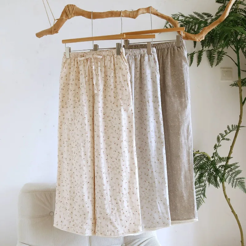 Women's Double Gauze Cotton Lounge & Sleep Pants. Delicate Floral Print & Lace Trim Breathable Chic Pastoral Style Home Wear
