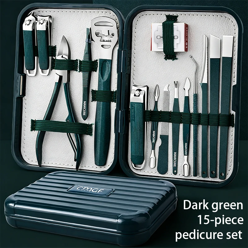 15PCS Stainless Steel Nail Clipper Set Anti-Splash Pedicure Kit with Portable Luggage-style Case Ideal Gift for Men Women