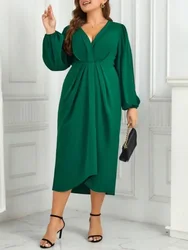 Plus Size Solid V Neck Women Dresses Puff Long Sleeves Ruched Robe Autumn Fall Sprimg Dress Elastic Waist Odzież Damska