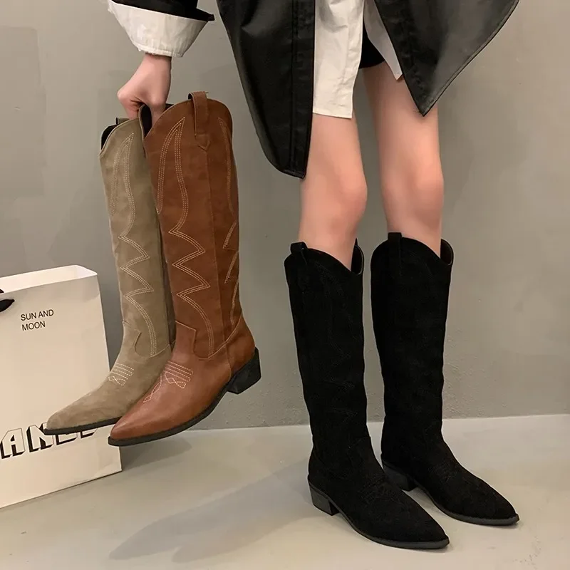 Woman Cowgirl Boots Fashion Slip On Ladies Elegant Square Low Heel Knee High Boots Shoes Women\'s Winter Footwear