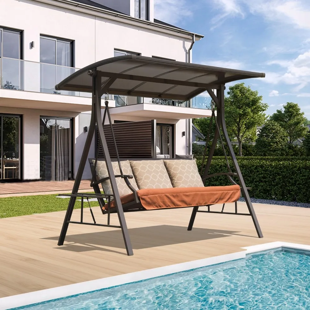 

Качели для патио Domi на крыльце с регулируемым навесом из поликарбоната с твердой поверхностью, 3-местное кресло-качалка с солнечной светодиодной подсветкой для B